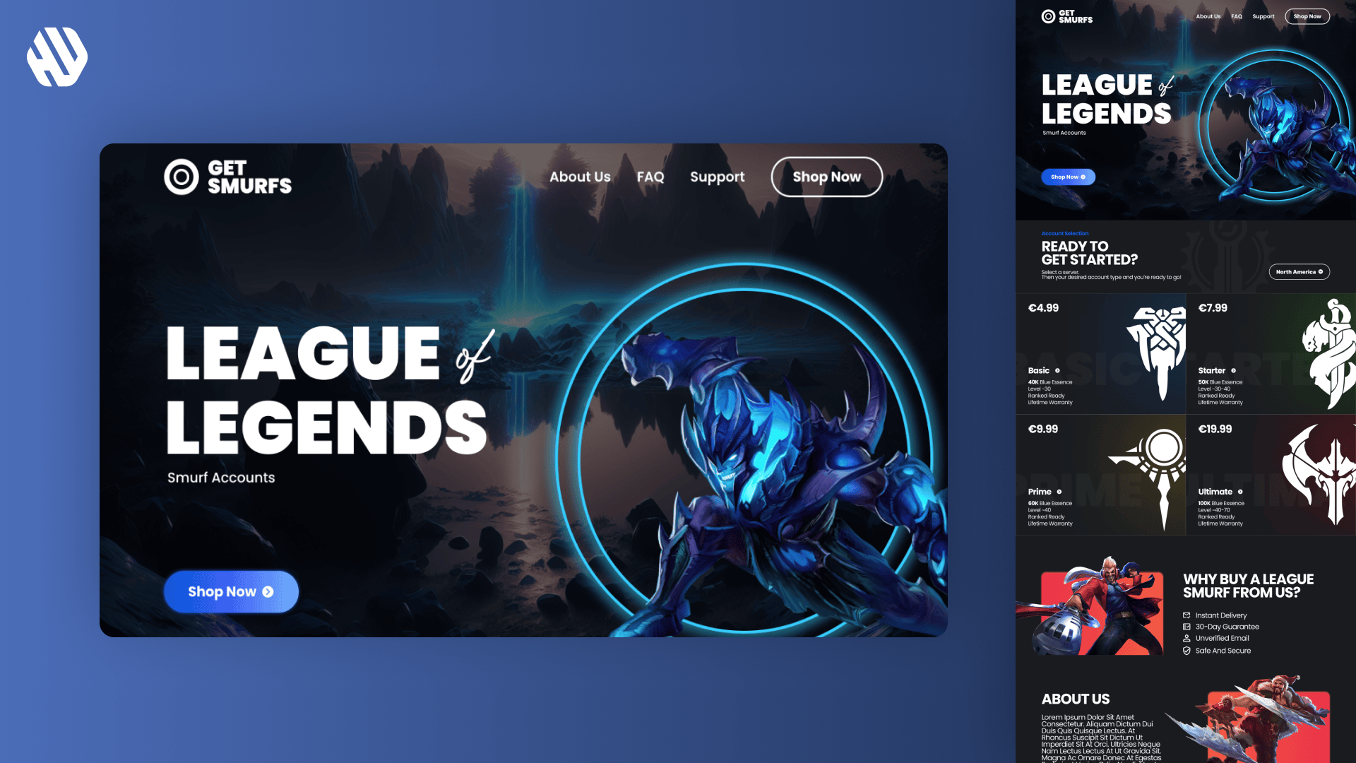 Webpage screenshot for Get Smurfs featuring League of Legends accounts with pricing and character artwork.